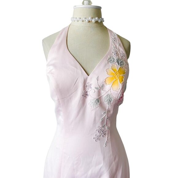 Vintage Pastel Pink Floral Beaded Fit Flared Maxi Formal Prom Dress Size S - Picture 5 of 8